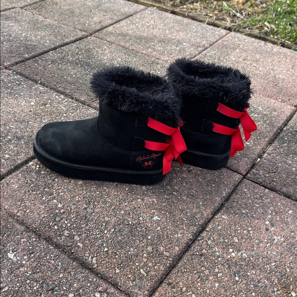 Disney Minnie Mouse Faux- Fur Winter Boots with Red Ribbon Accents At The Back